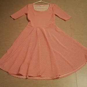 Lularoe pinkish red and white stripe Nicole dress.